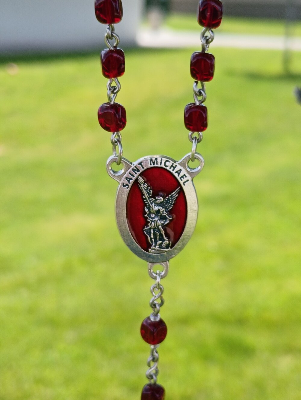 Saint Michael Red Bead Rosary Necklace
